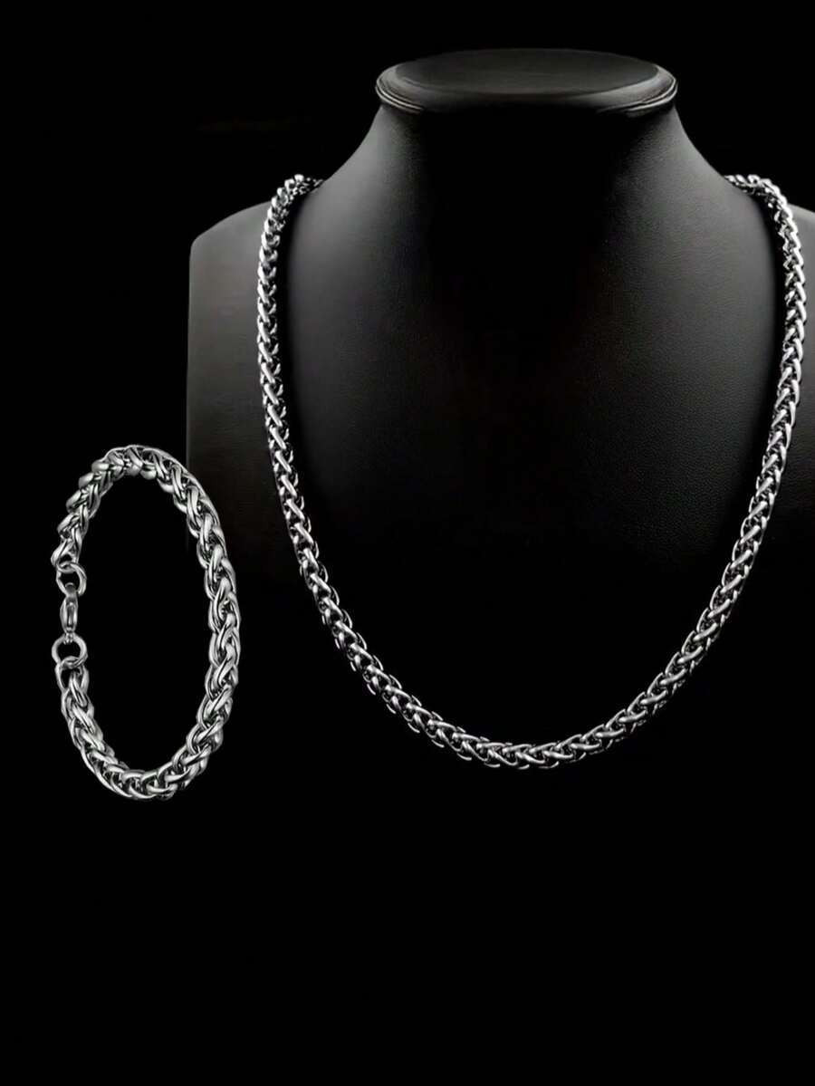 ジュエリー メンズ ネックレス セット ステンレススチール ミニマリスト ネックレス 1個、ブレスレットセット 1個 メンズ用拍卖