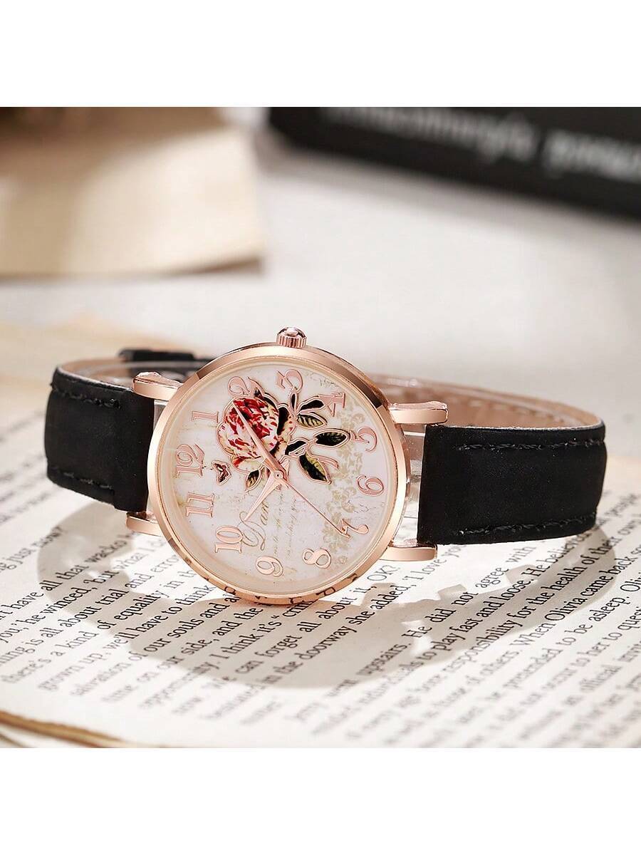 腕時計 レディース クォーツ ローズフラワー 円形 レディース腕時計 エレガントな腕時計 レディース フォークレザーバンド アラビ拍卖