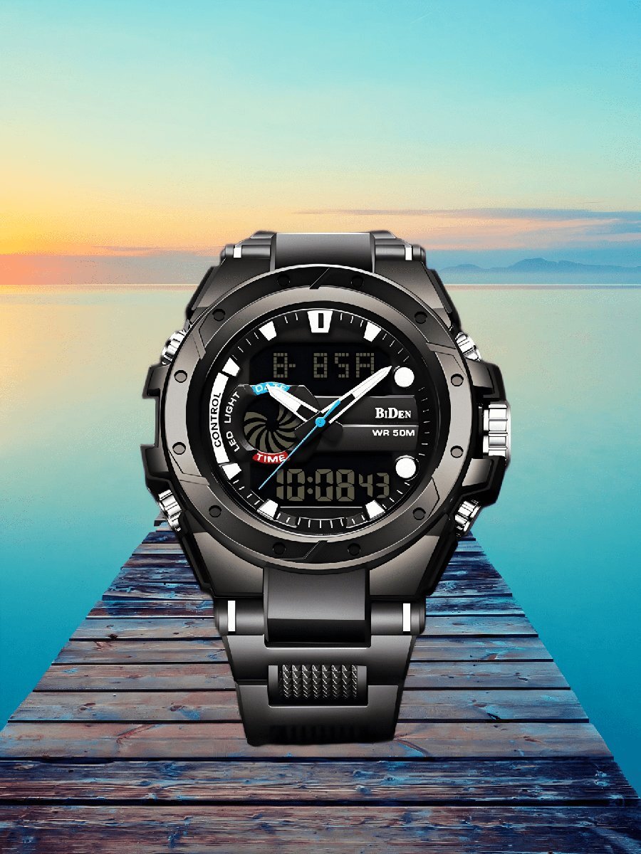 腕時計 メンズ クォーツ バイデン メンズ デュアルディスプレイ アウトドアスポーツウォッチ、ブラックストラップ、クロノグラフ、ア拍卖