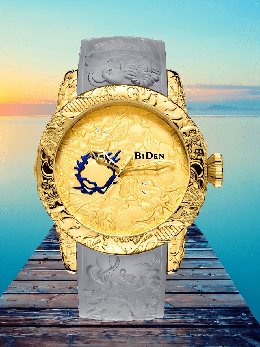 腕時計 メンズ クォーツ バイデン トップブランド メンズ高級スポーツウォッチ、カジュアル シリコンストラップ 防水 彫刻ゴールデ拍卖