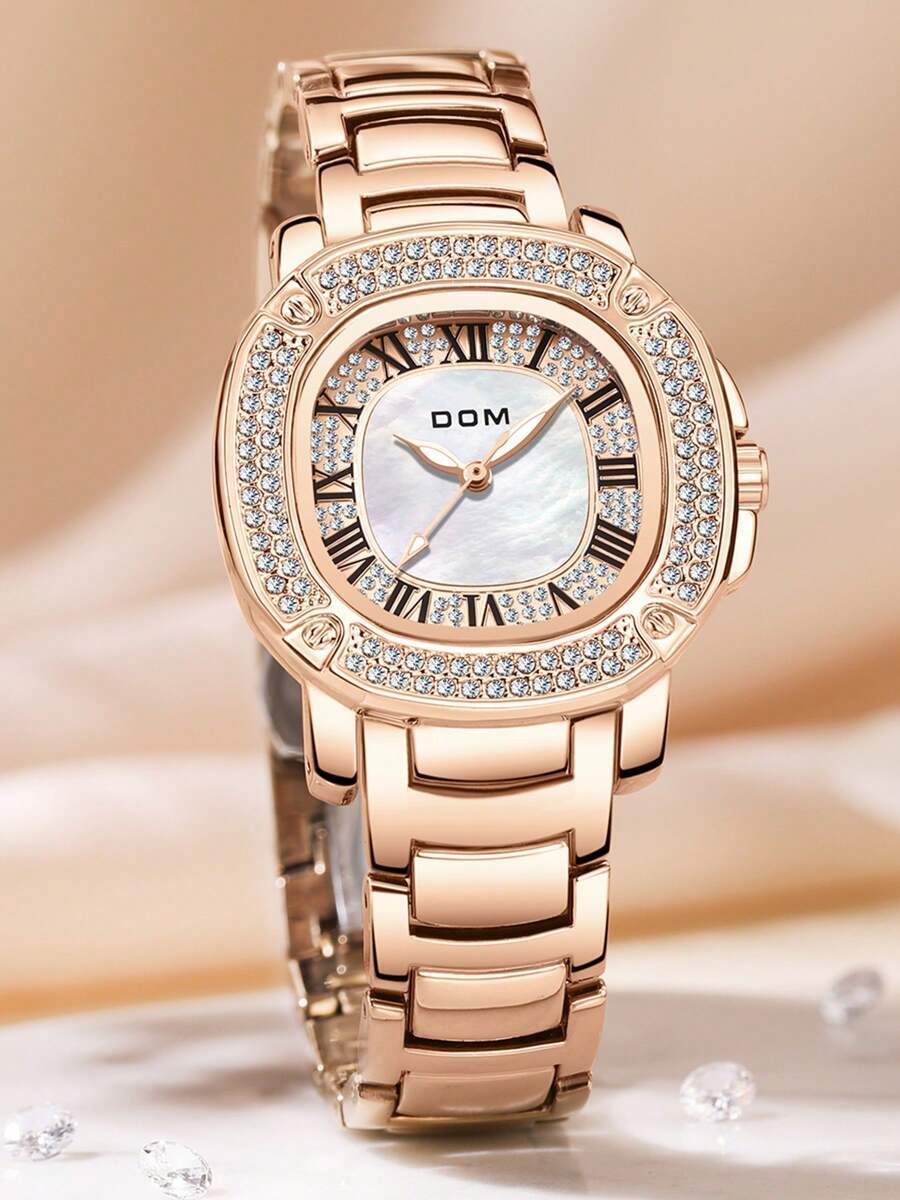 腕時計 レディース クォーツ 1個 女性用ファッショナブルなラグジュアリー ダイヤモンドインクルスト ゴールドトーンウォッチ、マザ拍卖