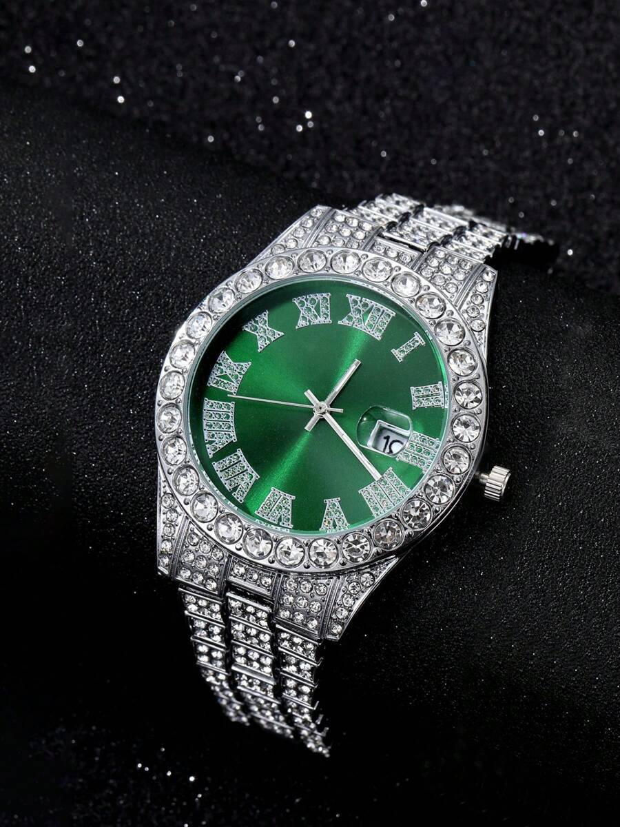 腕時計 メンズ クォーツ 1個 メンズ スチールバンド フルダイヤモンド カレンダー ラインストーン ファッション クォーツ 腕時拍卖