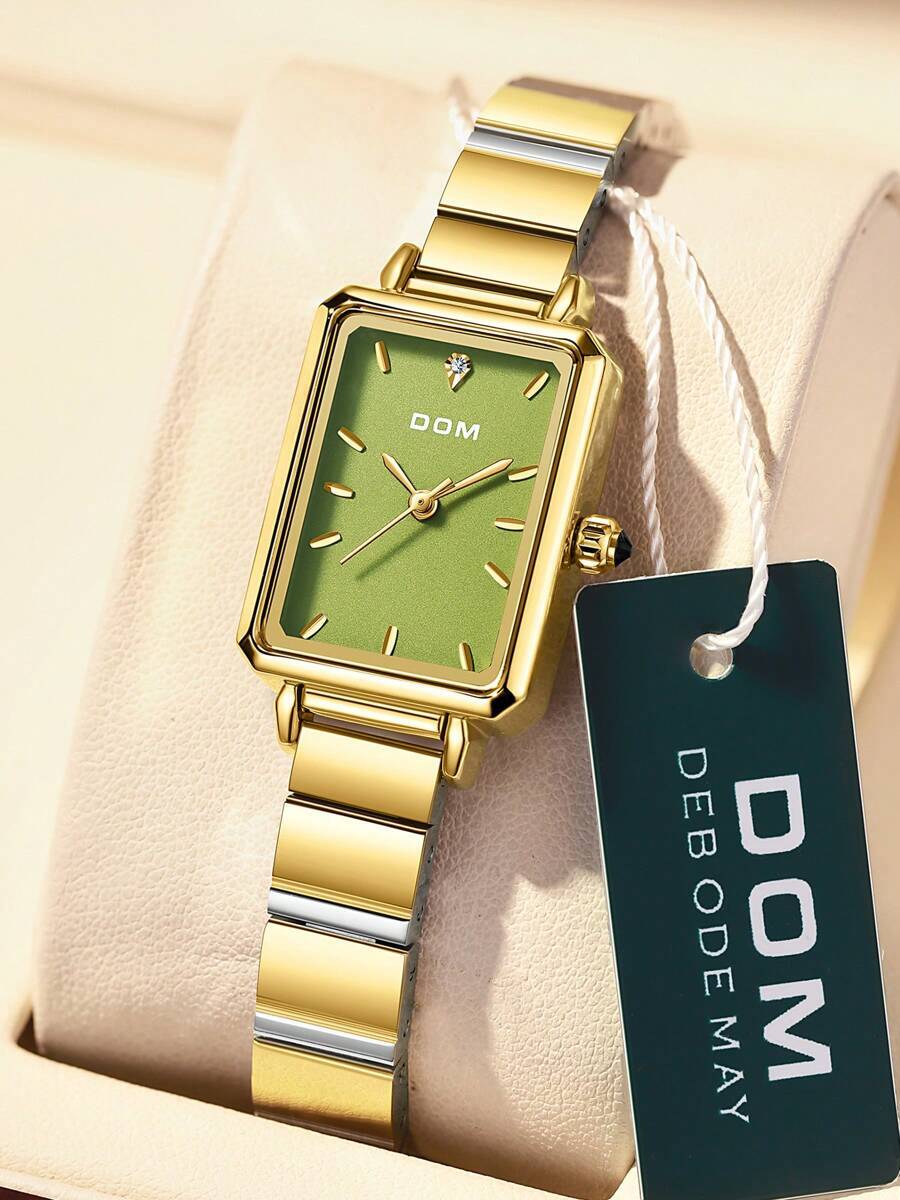 腕時計 レディース クォーツ 1個 レディース ファッショナブル スクエア 小型 グリーン文字盤 ゴールドステンレスバンド 防水拍卖