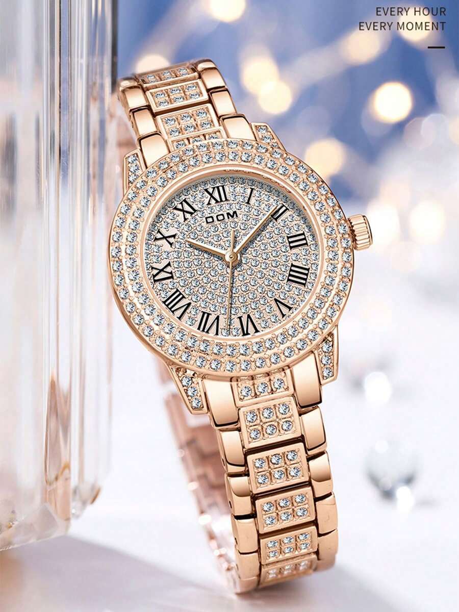 腕時計 レディース クォーツ 1個 レディースファッション ラインストーン付きバングルウォッチ、防水ステンレススチールバンド拍卖