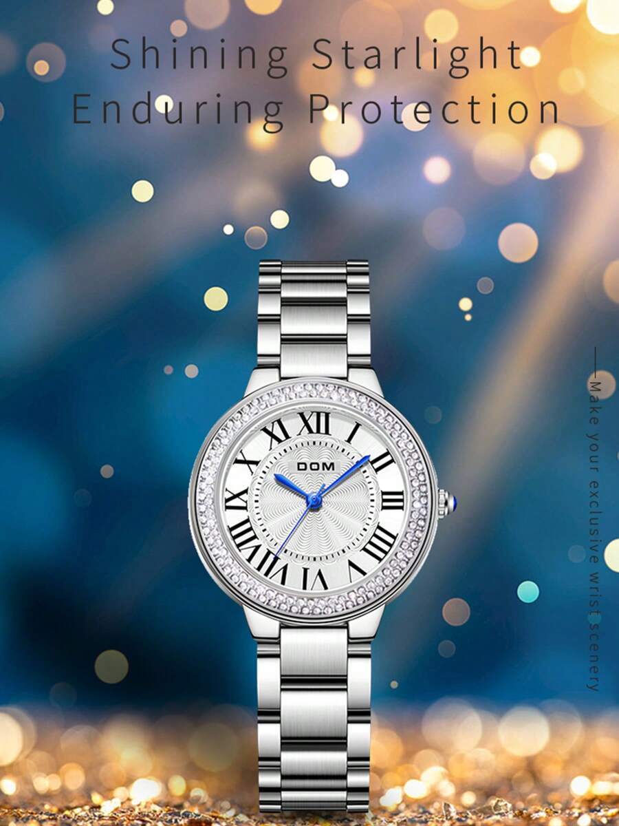 腕時計 レディース クォーツ 1個 女性用カジュアルビジネス ローマ数字スチールバンド 防水 クォーツ 腕時計 ラインストーン付き拍卖
