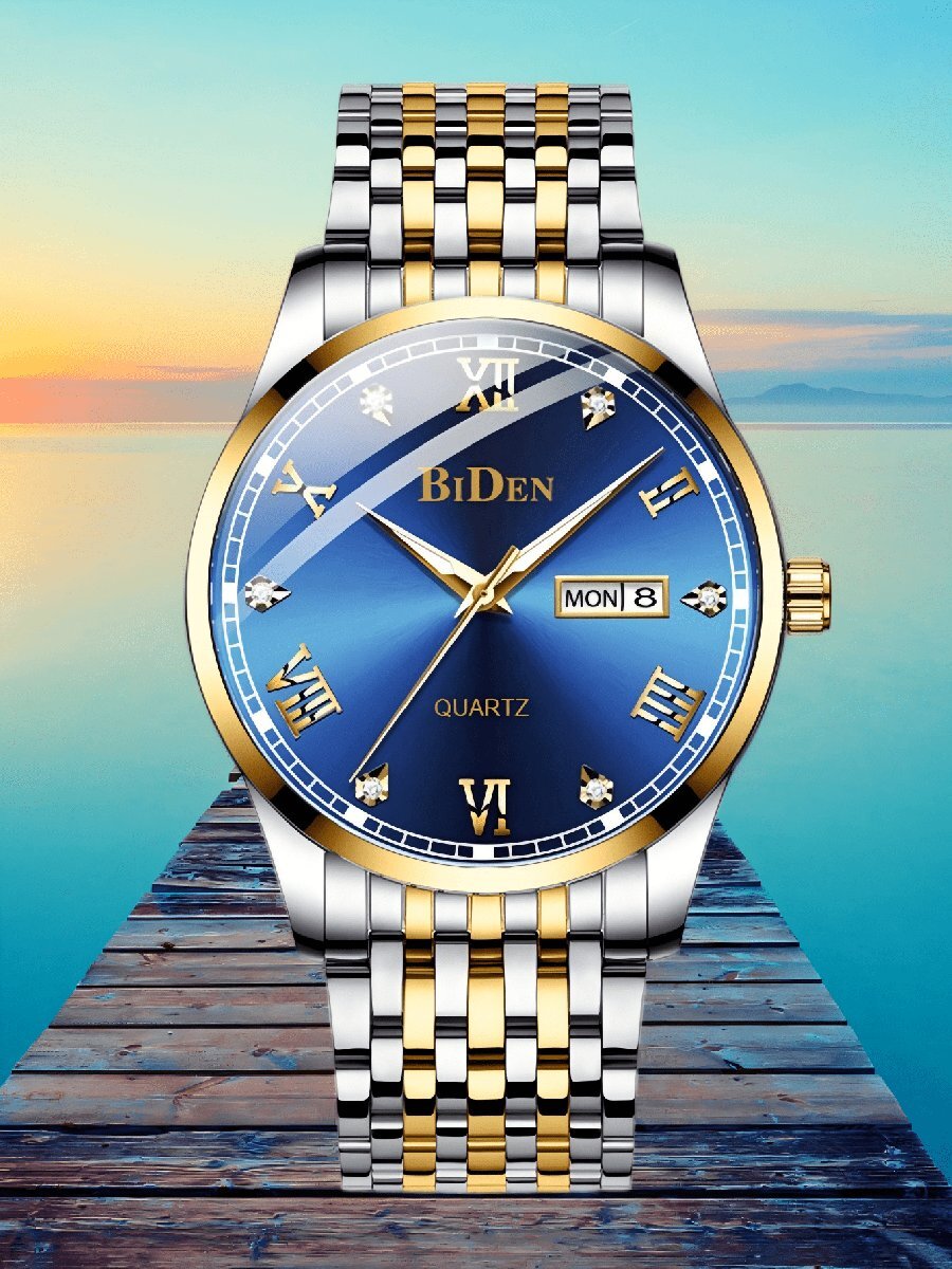 腕時計 メンズ クォーツ メンズクラシックラウンド ステンレススチール ストラップクォーツ メンズ腕時計、デュアルデイト&日付表示拍卖