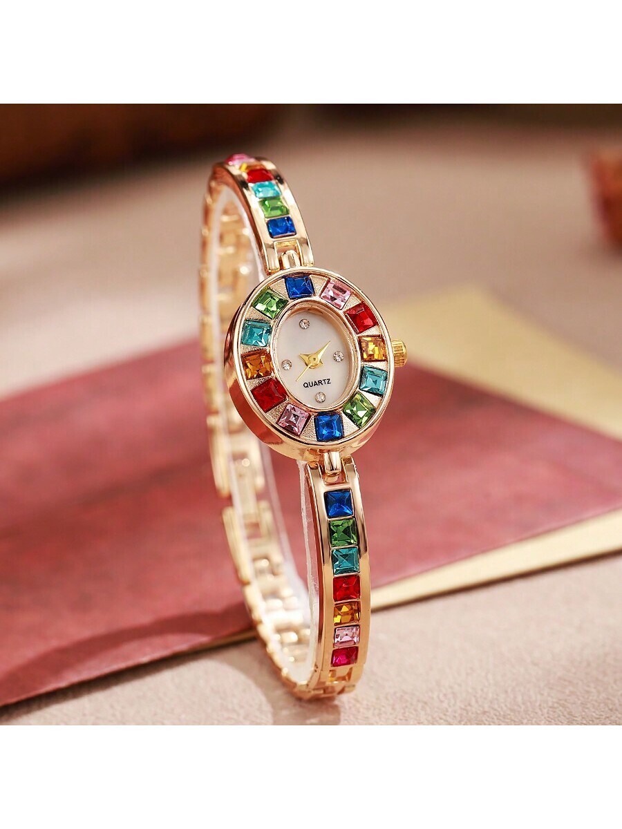 腕時計 レディース クォーツ 高級女性用腕時計ブレスレット、カラフルなジルコニアをインレイしたステンレススチールバンド、クラシック拍卖