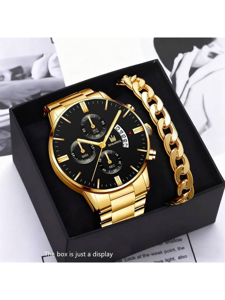 腕時計 メンズ セット 1個 ゴールドカラー ラインストーン インレイ カジュアルビジネス メンズ スチールバンド カレンダー付き拍卖