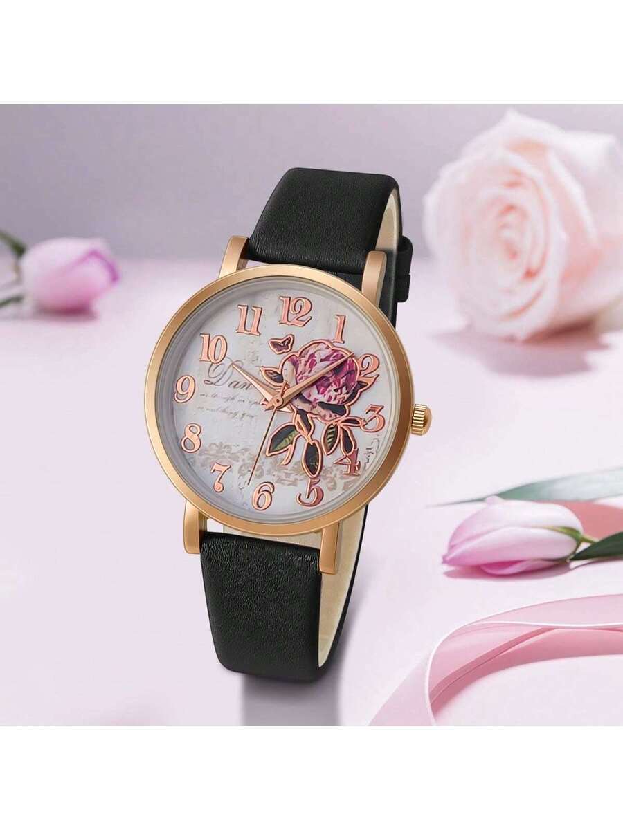 腕時計 レディース クォーツ 1個 女性用ファッションカジュアル ミニマリスト フローラルパターン クォーツ腕時計、彼女への贈り物拍卖