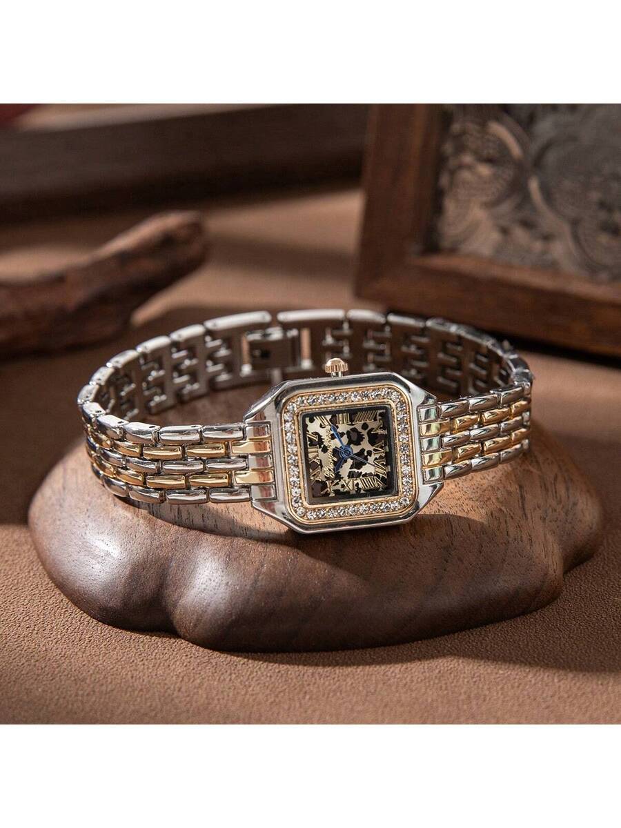 腕時計 レディース クォーツ 女性用ファッショナブルな角型腕時計、ステンレススチールバンドにラインストーン、ライトブルーの小さな文拍卖