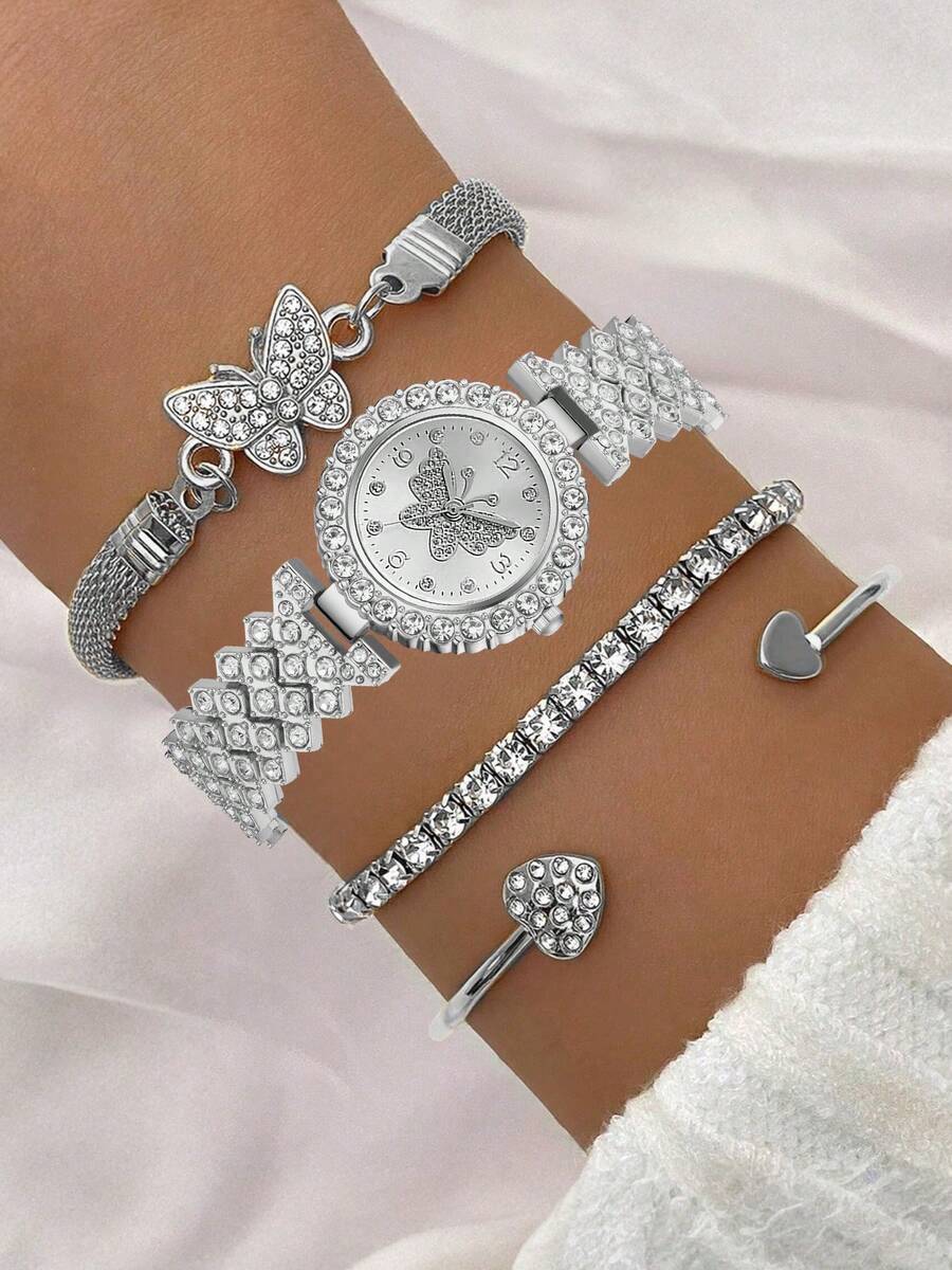 腕時計 レディース セット 4個セット、レディース腕時計、ファッショナブルなラグジュアリーシルバーダイヤモンド付きレディース ブレ拍卖