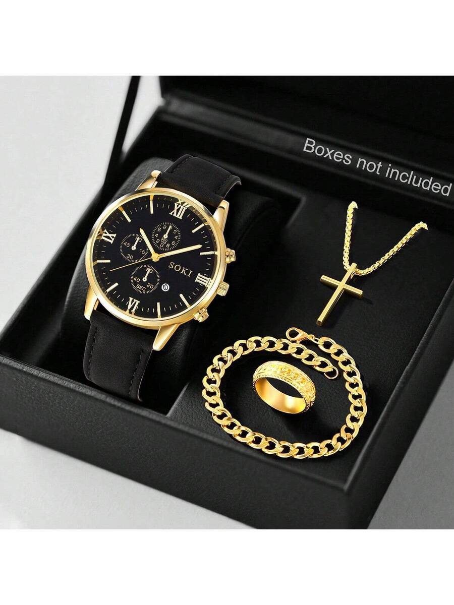 腕時計 メンズ セット ファッショナブルな1セット メンズクォーツ腕時計 カレンダー機能付き ジンクアロイケース&ブレスレット、丸拍卖