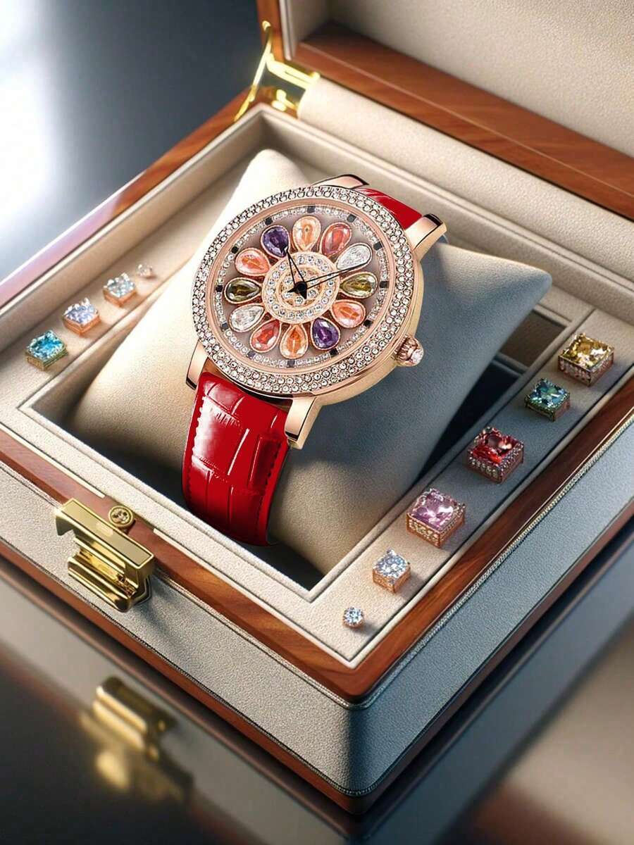 腕時計 レディース クォーツ 1個 女性用 ローズゴールド&ホワイト エレガントな カラフル クリスタル 回転ペタル スタッズ ク拍卖