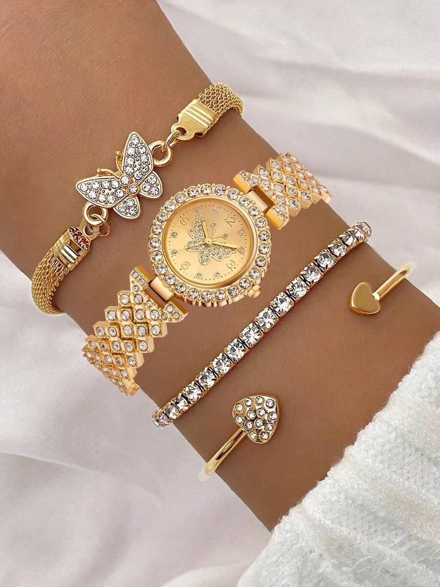 腕時計 レディース セット 4個セット レディース ゴールドストラップ ファッショナブルカジュアル ラグジュアリー ラインストーン拍卖