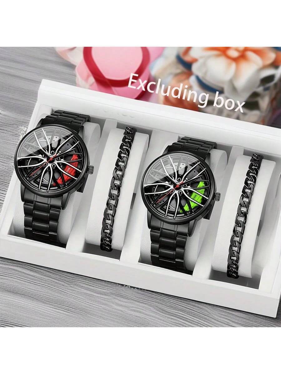 腕時計 メンズ セット 大きな文字盤 シンプルスタイル 男性用クォーツ腕時計4点セット + ブレスレット、時計ボックス付属なし拍卖