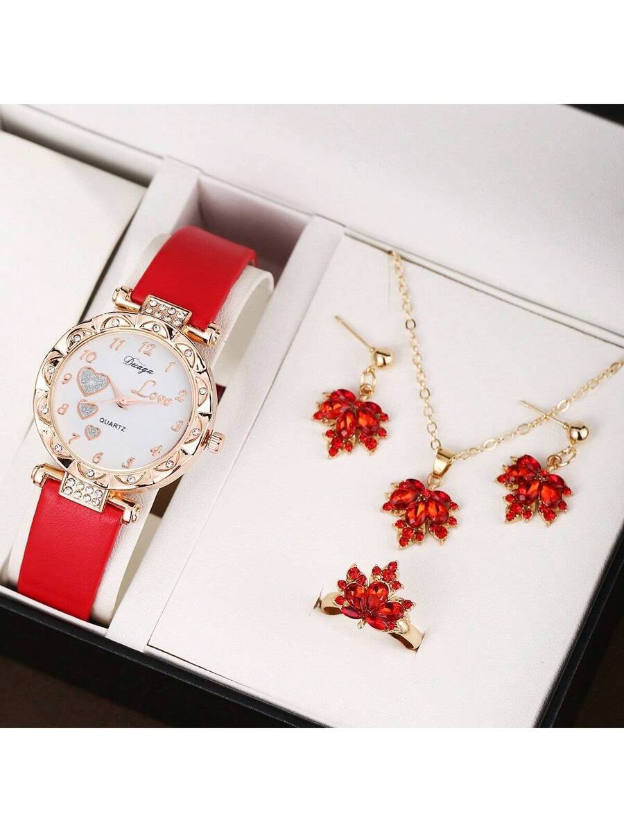 腕時計 レディース セット メイプルリーフジルコニアジュエリーネックレスセット5点 + ミニマリスト レディース クォーツ腕時計セ拍卖