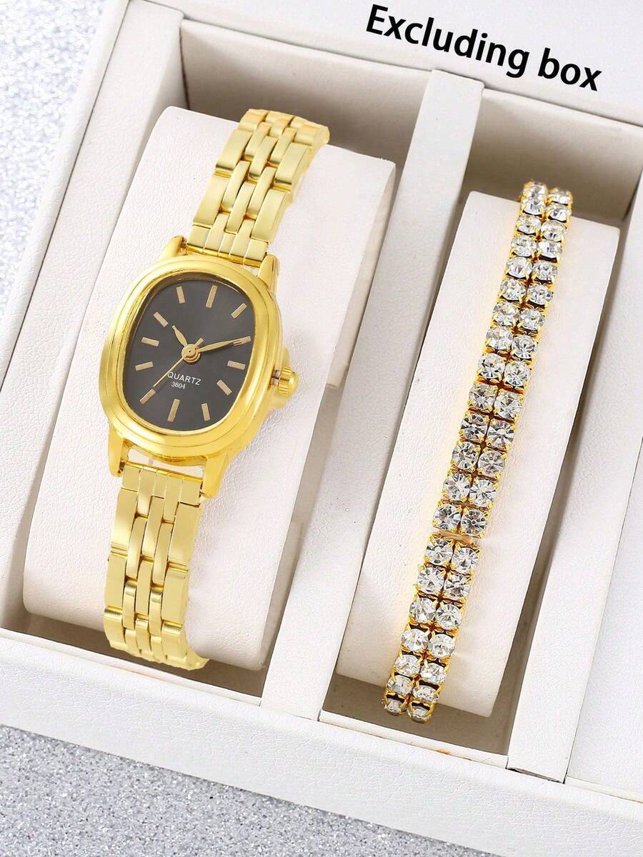 腕時計 レディース セット 1個 レディース ファッショナブル オーバル ステンレススチールバンド 腕時計 ダブルロウブレスレット拍卖