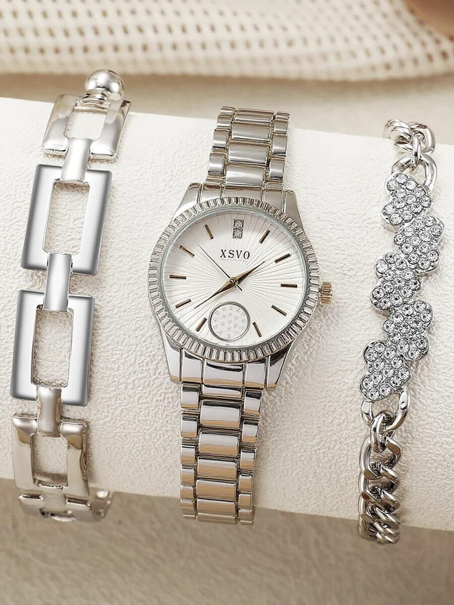 腕時計 レディース セット 3個セット カジュアル クォーツ レディース シルバー腕時計セット ブレスレット付き、デイリーコーディ拍卖