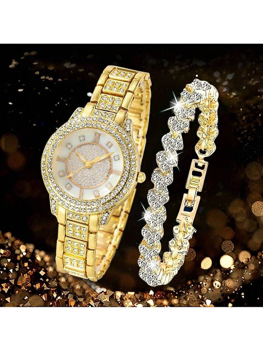 腕時計 レディース セット 2個 レディースファッションカジュアル ロマンダイヤル フルダイヤモンド 英国風腕時計 ジュエリーアク拍卖