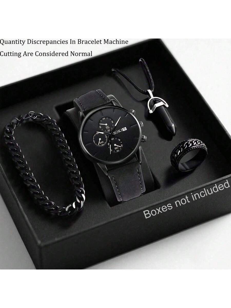 腕時計 メンズ セット 1セット メンズクォーツ腕時計 カレンダー機能付き、亜鉛合金ケース PUストラップ、丸型ダイヤル、電子駆動拍卖