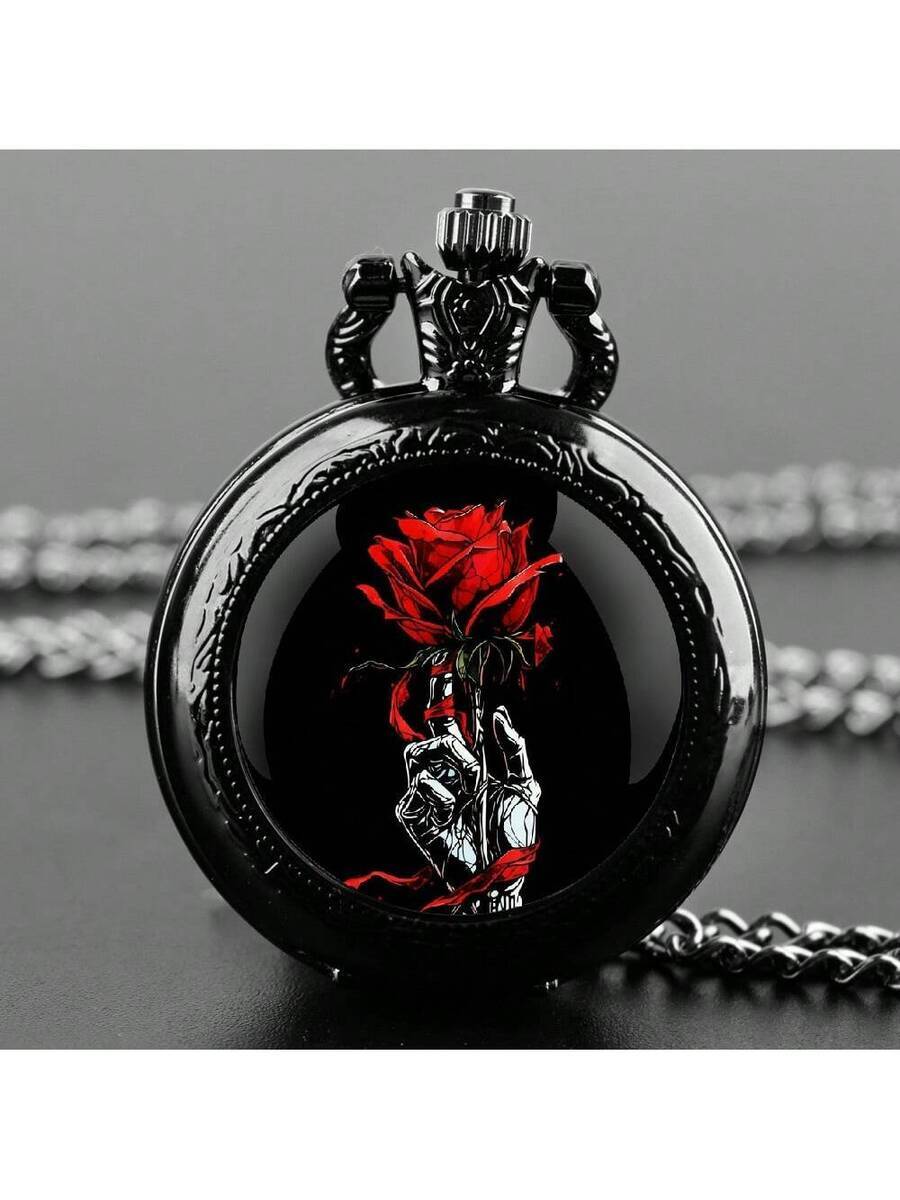 腕時計 懐中時計 ゴシック調ヴィンテージ 黒ポケットウォッチ レッドローズ&スケルトンハンド デザイン ロマンチックな時計 ギフト拍卖