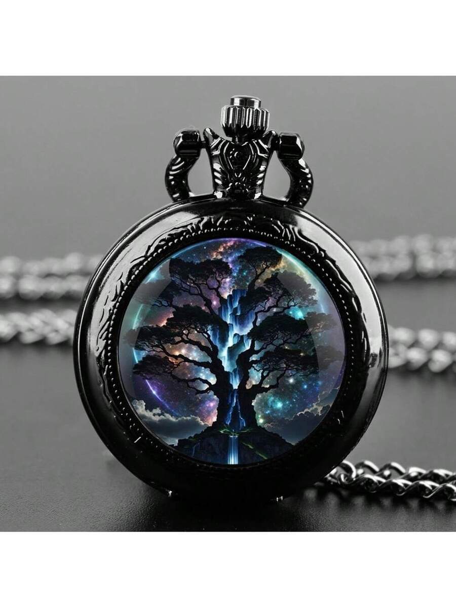腕時計 懐中時計 ヴィンテージ ブラック 生命の樹 懐中時計 丸型クォーツ ガラスペンダント メンズ レディース ネックレス クリ拍卖