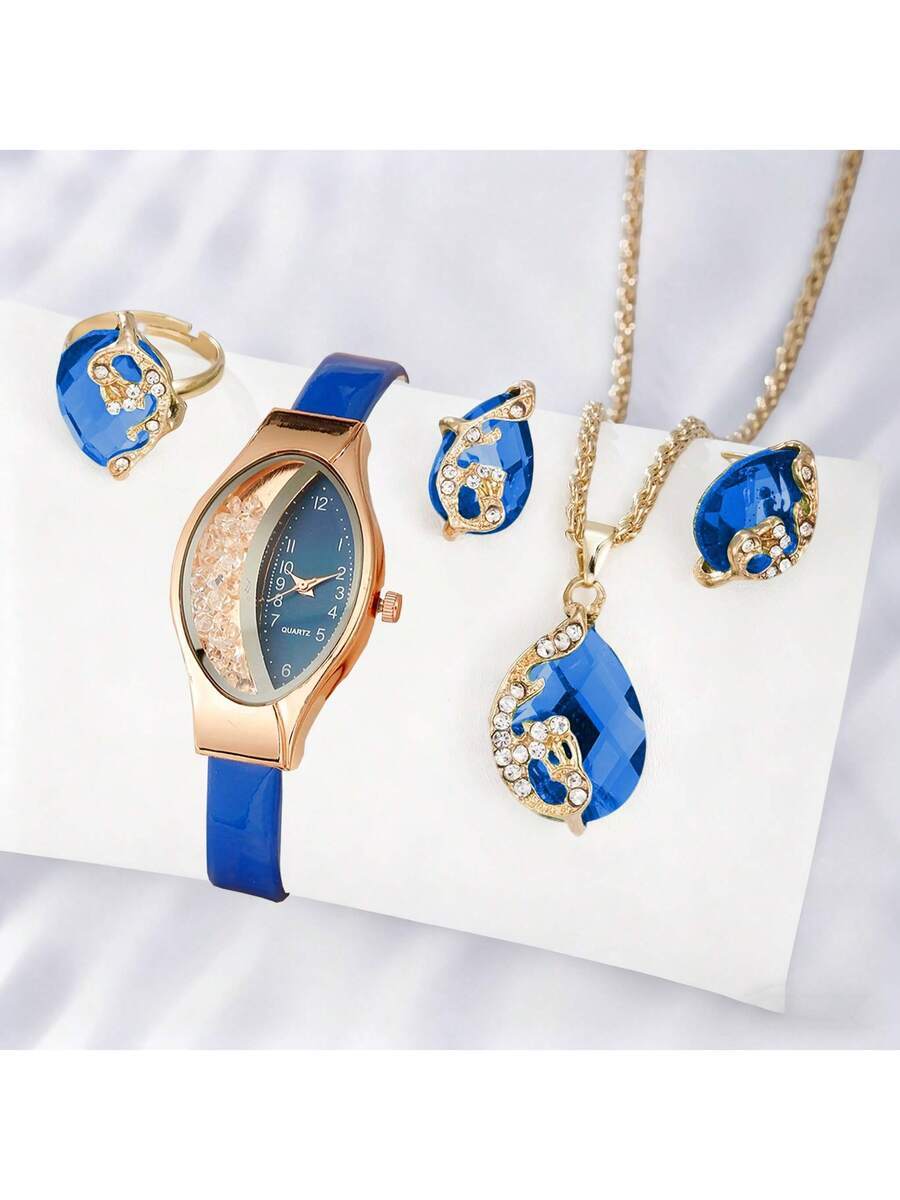 腕時計 レディース セット 女性用エレガントファッション腕時計4点セット+リング、ネックレス、ピアス、クリスマス、ハロウィン、誕生拍卖