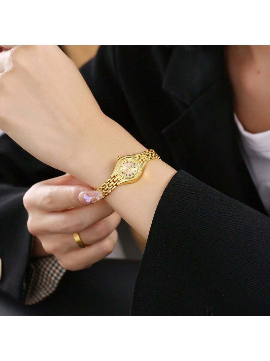 腕時計 レディース クォーツ 1個 女性用ファッショナブルなニッチ小ダイヤル ラウンド ブレスレット ウォッチ、ゴールドカラー、多拍卖