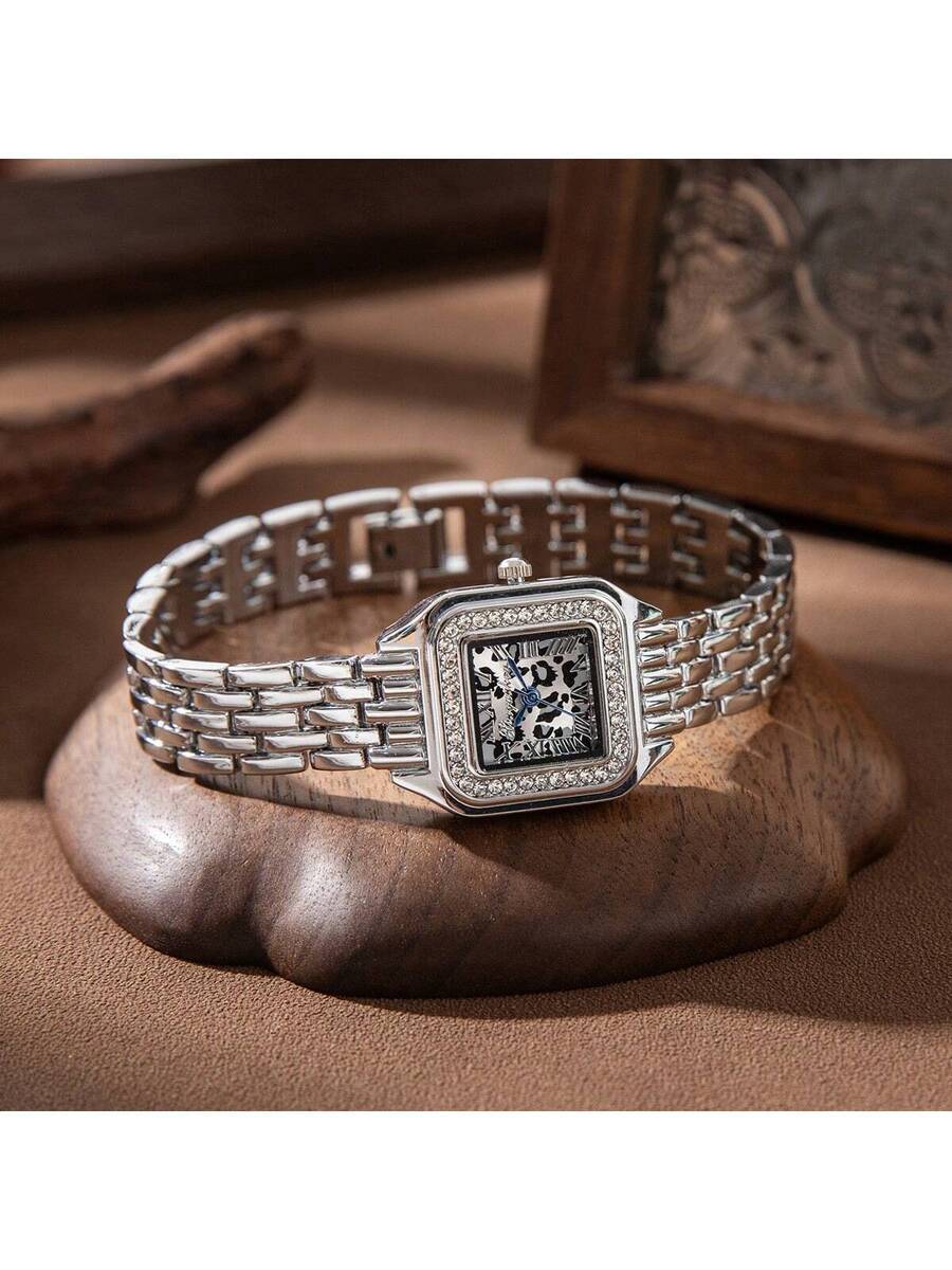 腕時計 レディース クォーツ ファッショナブルな四角型レディース腕時計、ステンレススチールバンド ラインストーン付き、ライトブルー拍卖