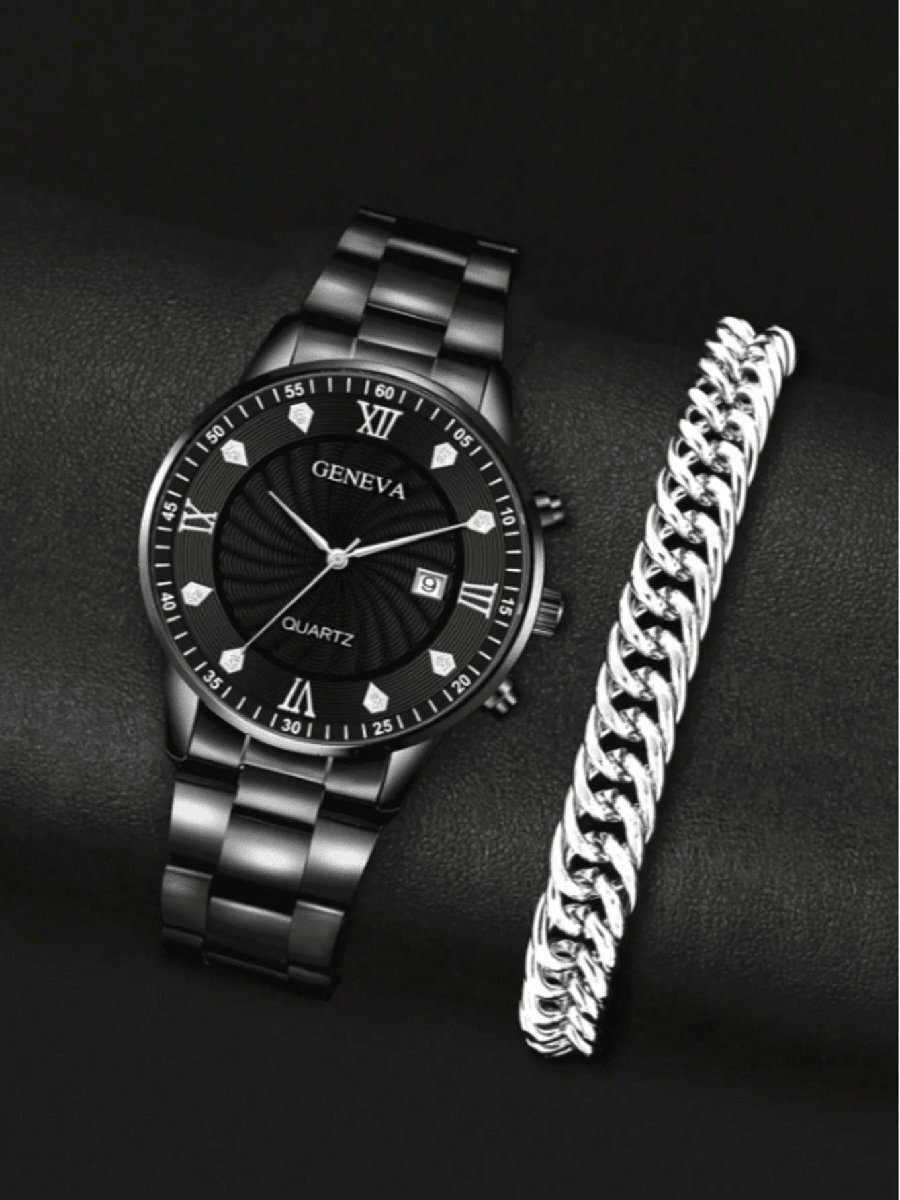 腕時計 メンズ セット 2個セット メンズ シルバー腕時計:カジュアルファッションメンズ腕時計 ブラックダイヤル ダイヤモンドデコ拍卖