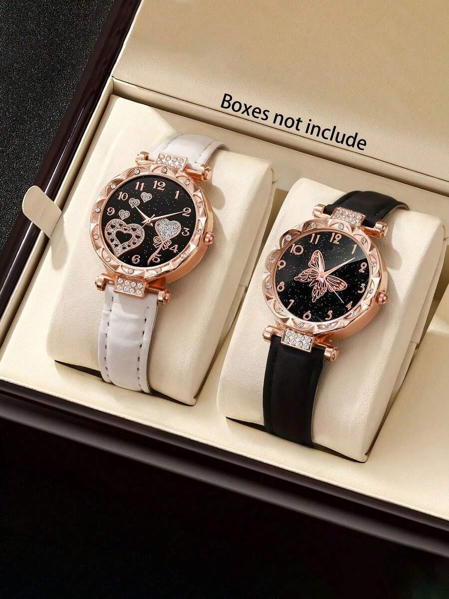 腕時計 レディース セット 2個セット レディース腕時計、ストラップはレザー製、愛、蝶々、その他装飾的な要素でデコレーションされて拍卖
