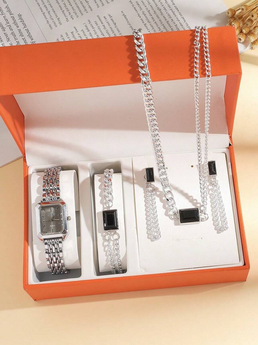 腕時計 レディース セット 5個セット 高級エレガントなファッショナブルな宝石ブルーレディース腕時計&ジュエリーセット、ステンレス拍卖