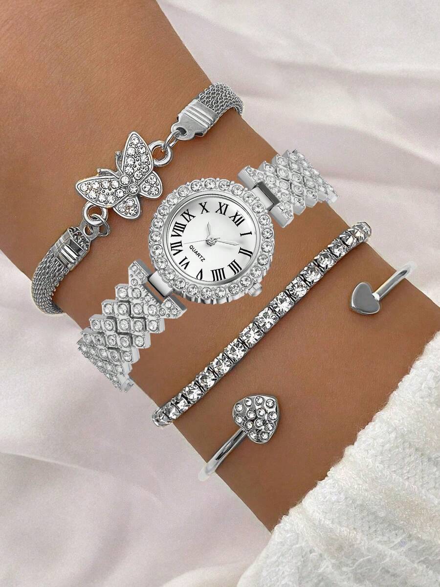 腕時計 レディース セット 4個セット、レディース腕時計、シンプルでファッショナブルでラグジュアリーなレディースローマ数字スケール拍卖