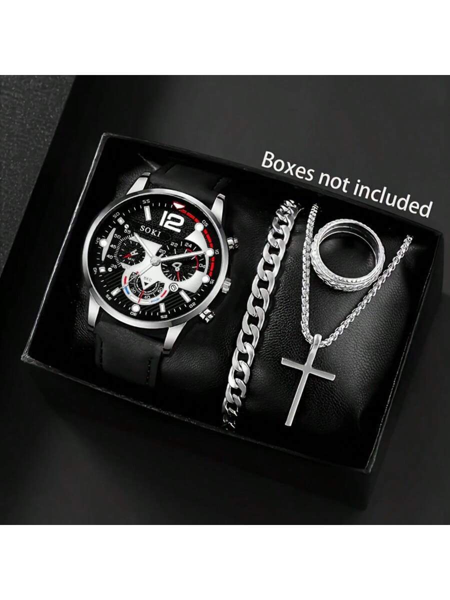 腕時計 メンズ セット ファッショナブルな1セット メンズクォーツ腕時計 カレンダー機能付き ジンクアロイケース&ブレスレット、丸拍卖