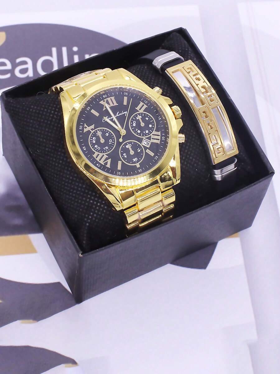 腕時計 メンズ セット 新作 3眼腕時計 1個セット、カジュアルオフィスビジネス クォーツ腕時計、デイリーコーディネートに、誕生日拍卖