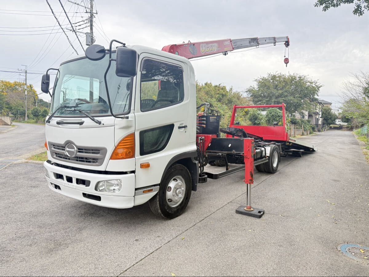 日野レンジャー ユニック4段クレーン付 フックイン ラジコン無し※別途料金にて取付可能 積載車リモコン付き 予備検査付き ターボ車拍卖