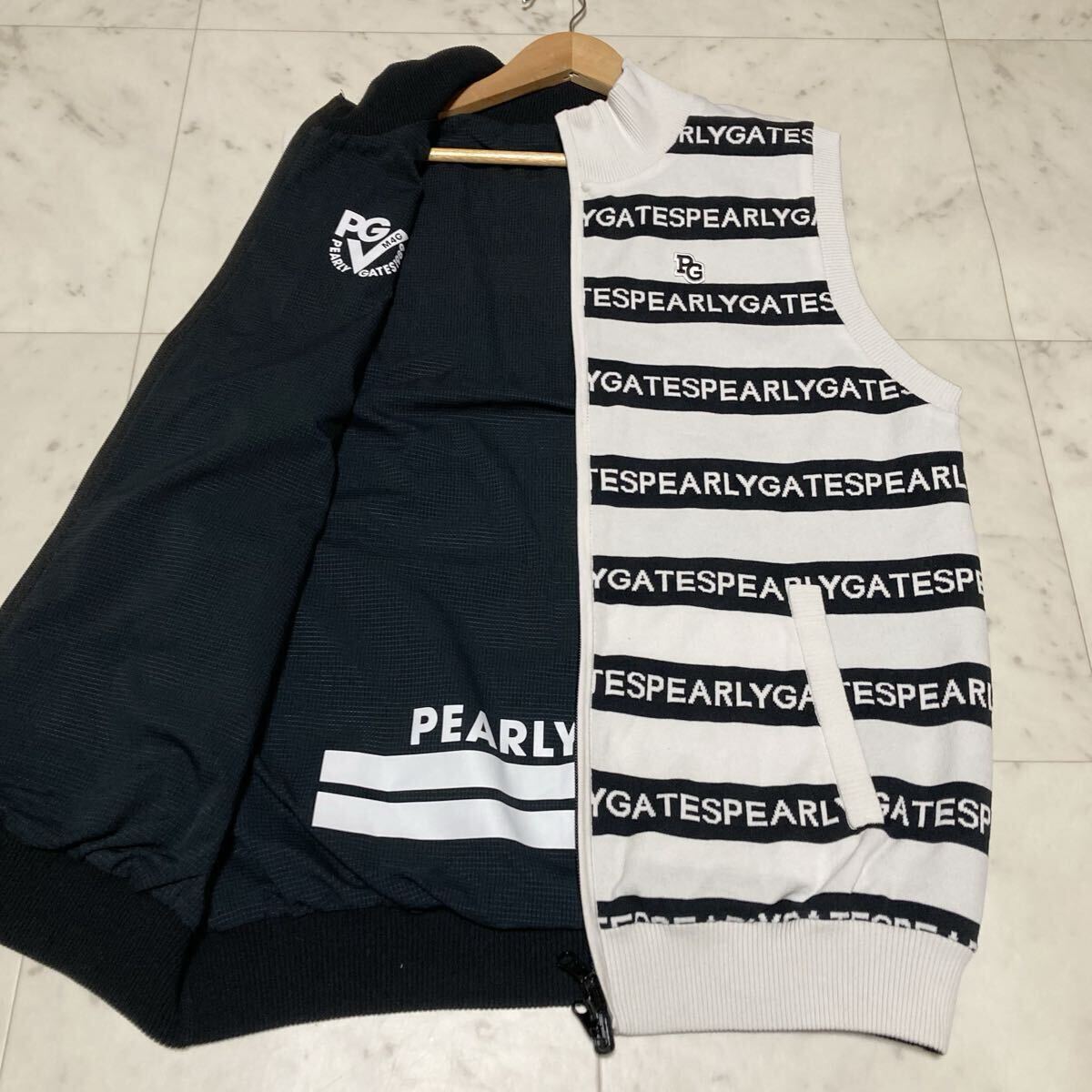 極美品/サイズ6/近年●パーリーゲイツ リバーシブル ベスト PEARLY GATES ボーダー ロゴ ワッペン 刺繍 ダブルジップ XL ゴルフ メンズ拍卖