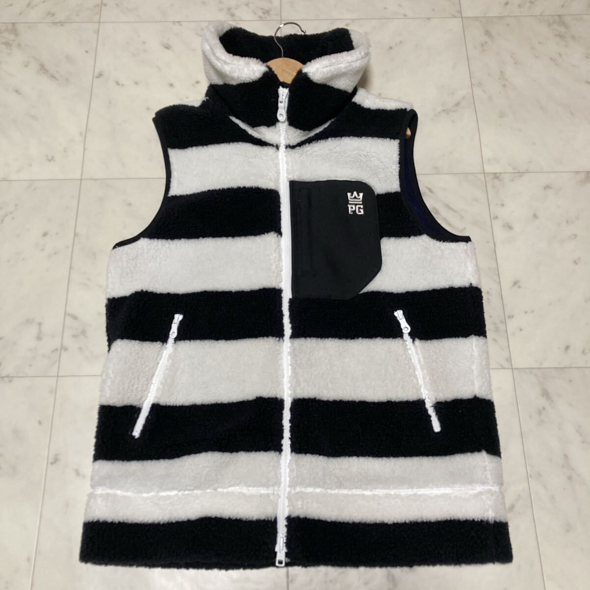 サイズ5/L~XL相当●パーリーゲイツ ボア ベスト PEARLY GATES ボーダー 切替 ロゴ ワッペン 刺繍 裏地付き ダブルジップ ゴルフ メンズ拍卖