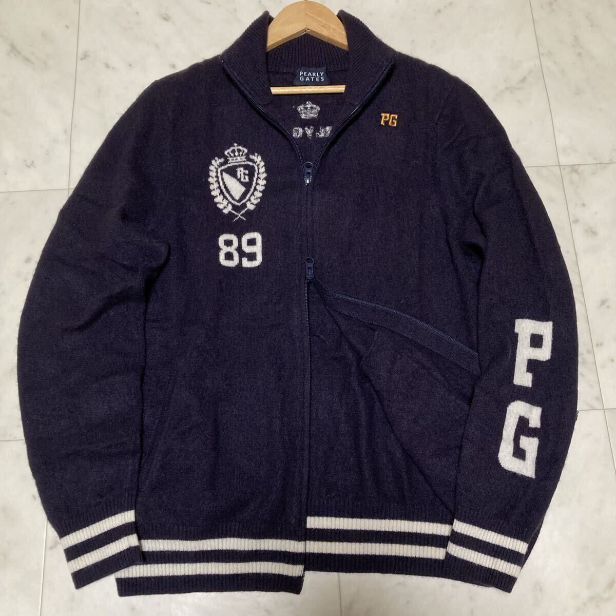 カシミヤ100%/サイズ5●パーリーゲイツ ニット ジャケット PEARLY GATES ドライバーズニット ワッペン 刺繍 ダブルジップ ゴルフ メンズ拍卖