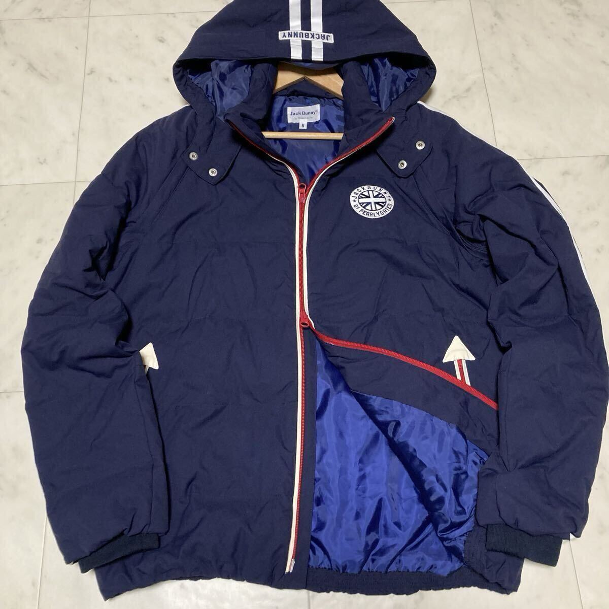 美品/4way/サイズ5●ジャックバニー ダウンジャケット ベスト Jack Bunny フード ロゴ ダブルジップ 紺 ゴルフ メンズ パーリーゲイツ拍卖