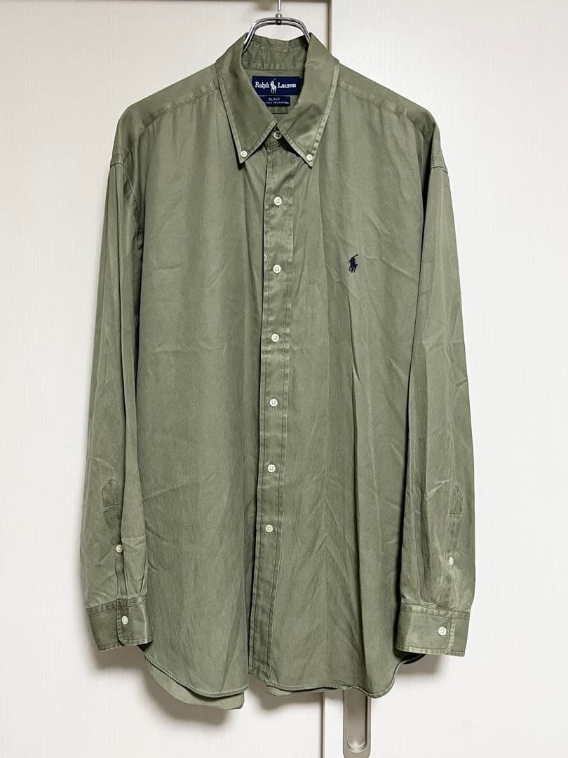 即決★良品 L ワンポイント RALPH LAUREN BLAKE★BDシルク混シャツ ラルフローレン カーキ コットン 90s ヴィンテージ拍卖