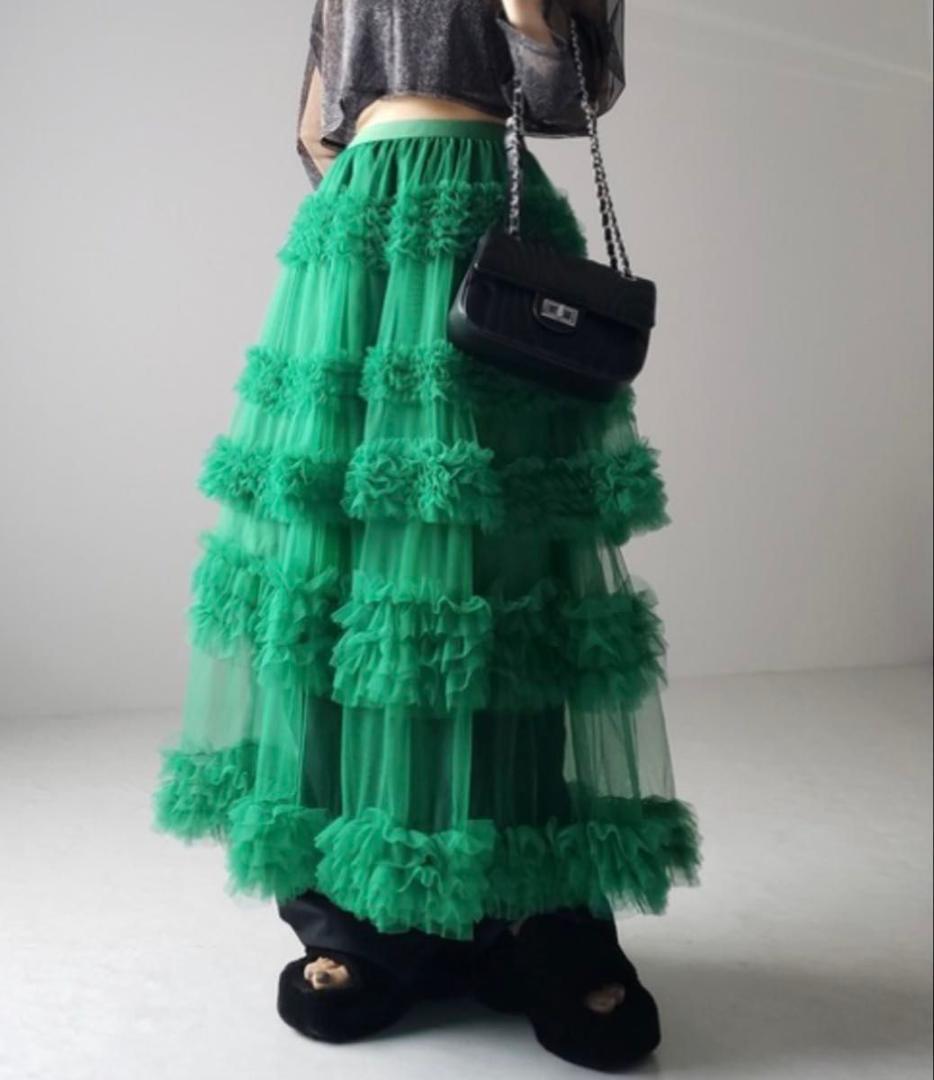 【グリーン】チュールティアード チュールフリルスカート 二重 モード系 ゴスロリ拍卖
