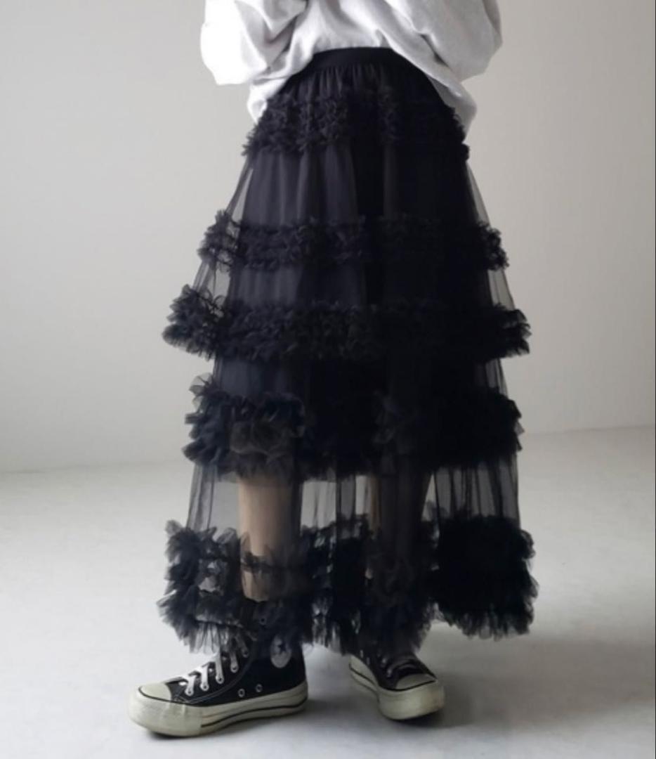 【ブラック】チュールティアード チュールフリルスカート 二重 モード系 ゴスロリ拍卖