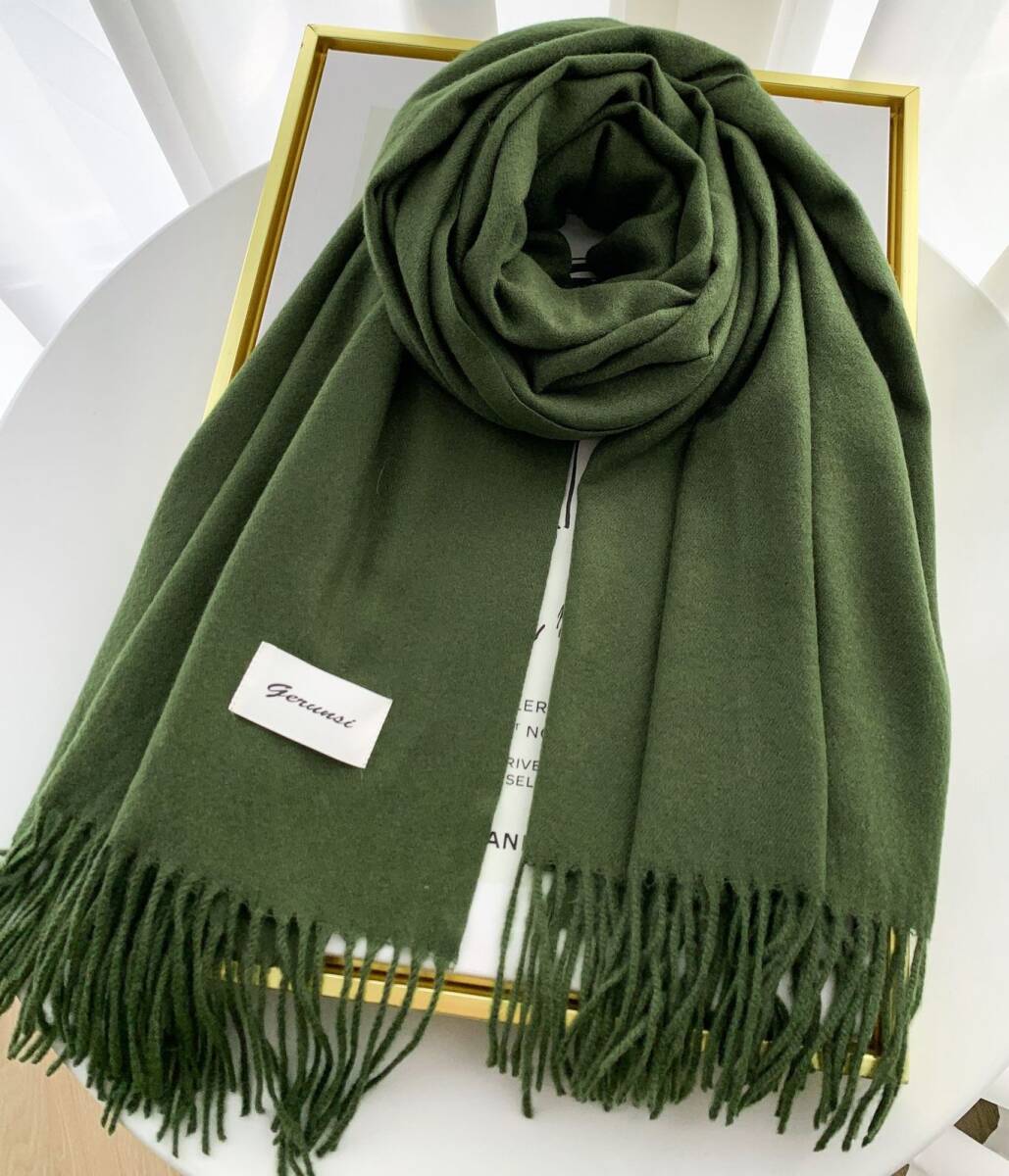 新入荷☆新品 カシミヤ100% 上質大判 シンプル無地 最高の肌ざわり マフラー ストール ダークオリーブ拍卖