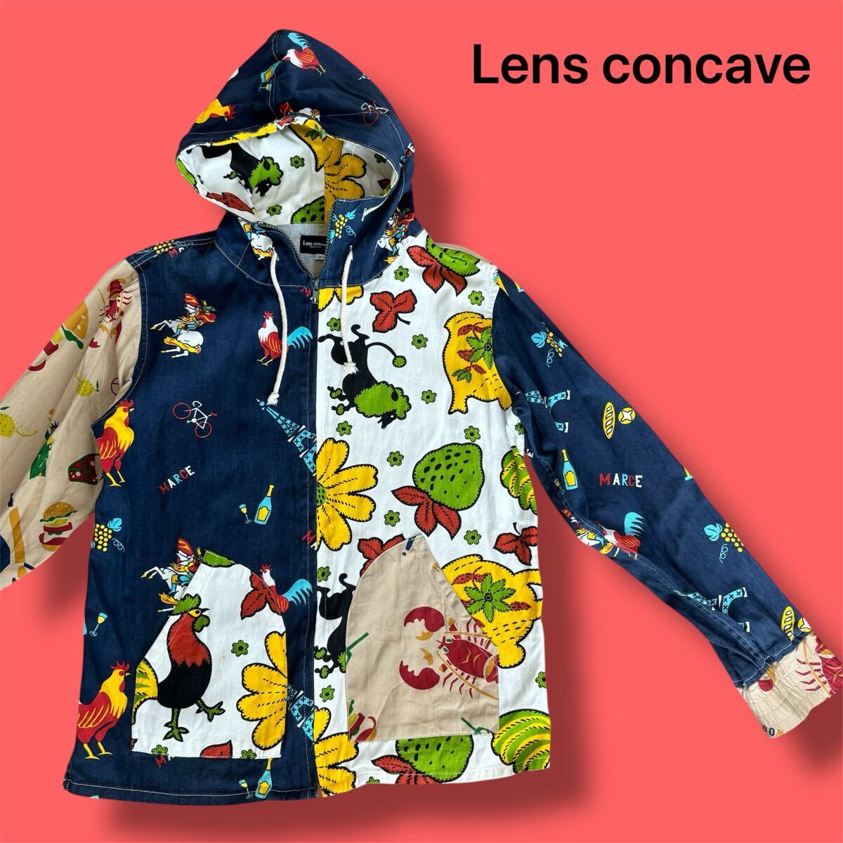 U■ Lens concave レンズコンケイブ マルチカラーパーカー 2サイズ 紺×白 ジャケット 総柄 派手 アウター 長袖 コットン100% 個性的拍卖