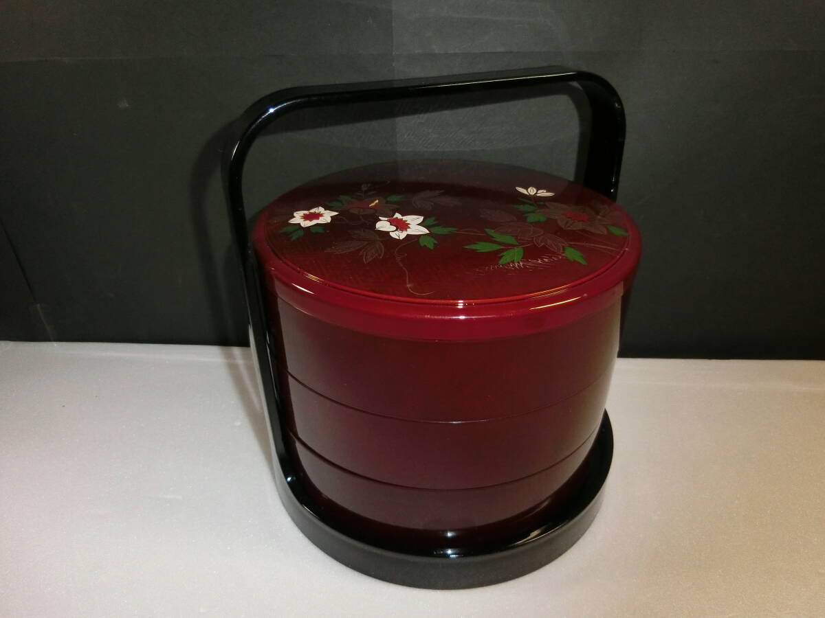 ★未使用 手提げ付 三段 重箱 レトロ 花柄 木製 持ち手付き 円型拍卖
