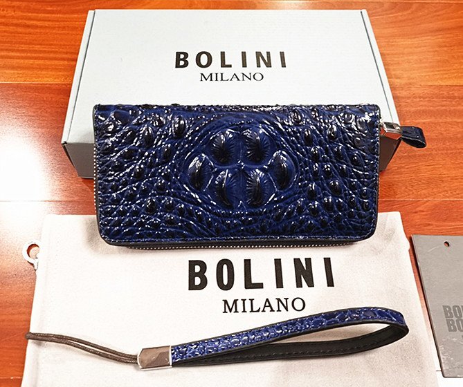 逸品*イタリア製※定価15万◆イタリア・ミラノ発*BOLINI/ボリニ・最上級牛革・クロコダイル*ラウンドファスナー 長財布・紺拍卖