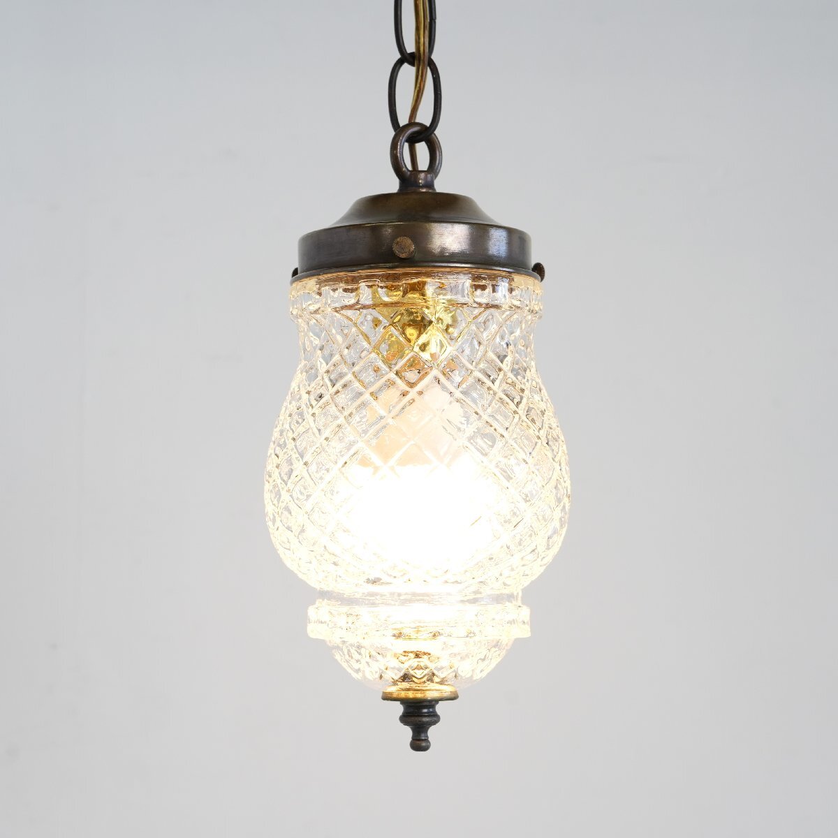 ヴィンテージ カットガラス ペンダントランプ/アンティーク クリアガラス 吊り下げランプ カフェ 照明 シーリング#702-10-036-761拍卖