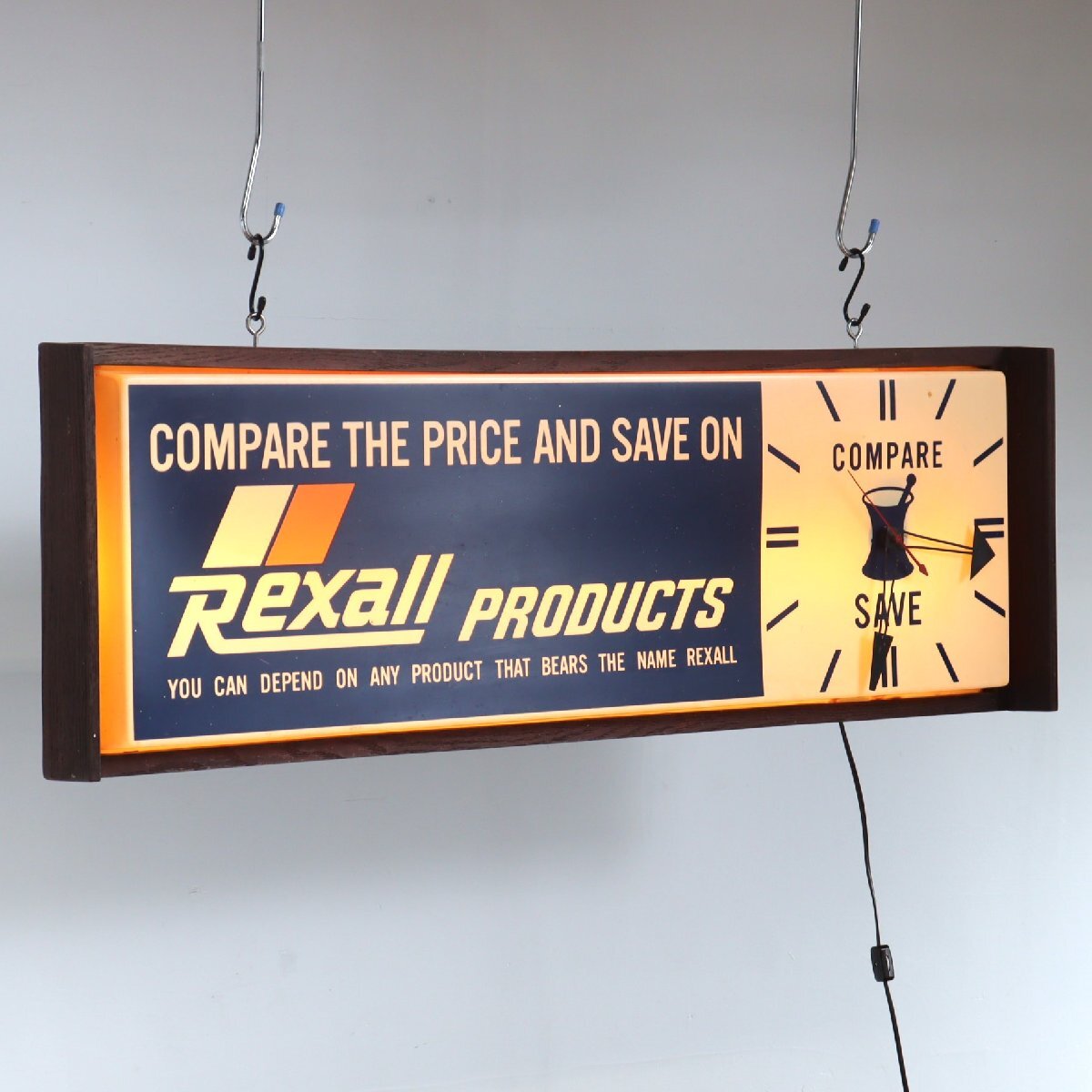 60s~70s Rexall 時計付きライトサイン / アドバタイジング アメリカ ヴィンテージ レクソール 薬局 宣伝 看板 サイン #705-100-175-90拍卖