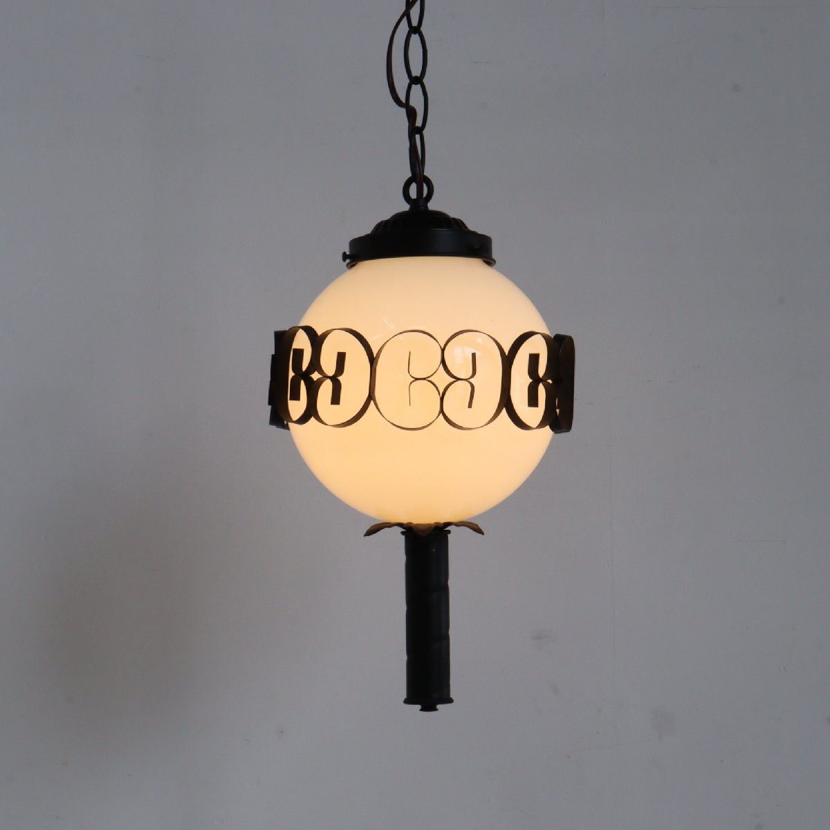 ヴィンテージ ミルクガラス ペンダントランプ/アメリカ アンティーク アイアン 吊り下げランプ カフェ 照明#702-10-121-141拍卖